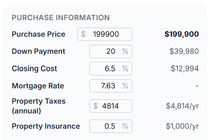 Purchase information inputs including price, renovation costs, and taxes