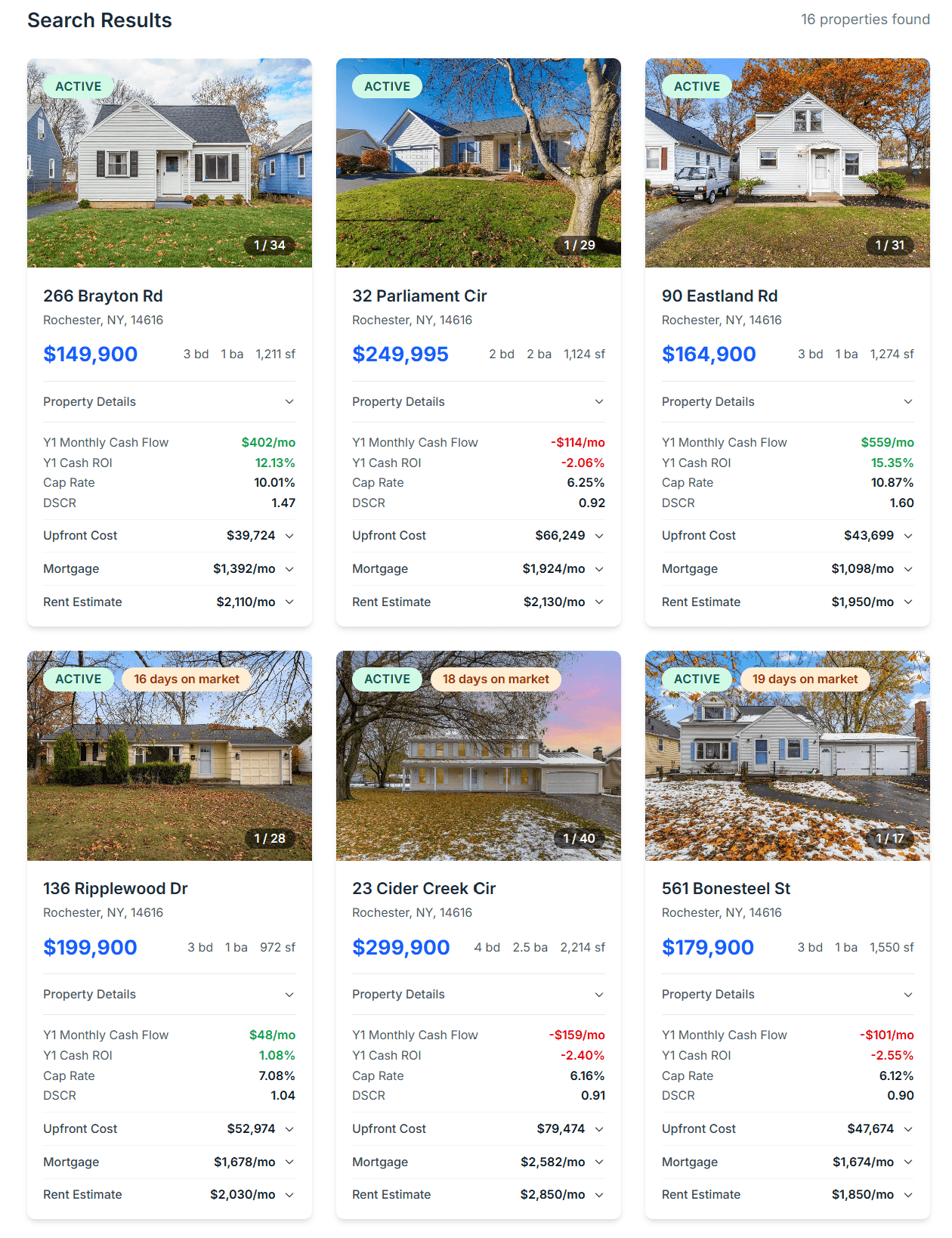 Property search results showing instant ROI calculations before clicking