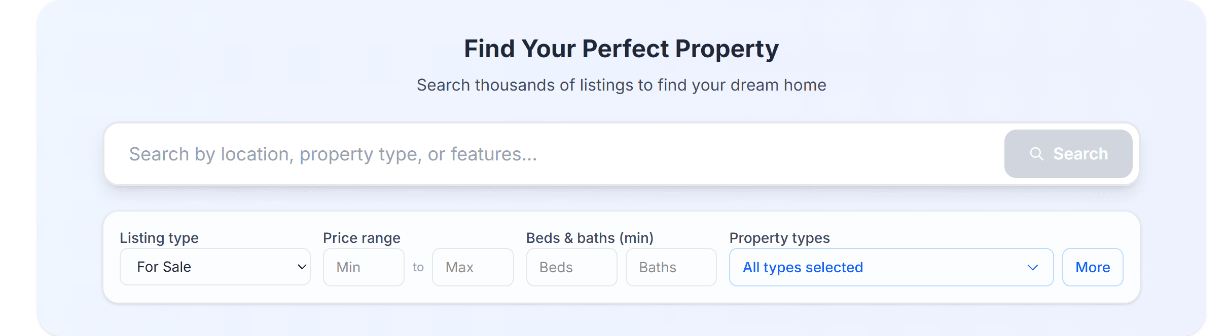 Property search interface with advanced filters and ROI calculations